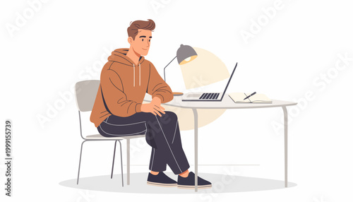 Young man sitting at a desk and working on a laptop in a casual hoodie and pants