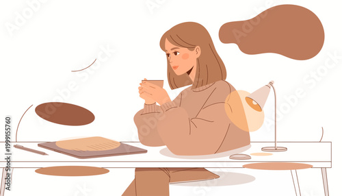 A serene moment of cozy comfort, a young woman enjoys her morning routine with a warm drink, engaged in focused work at her minimalist desk