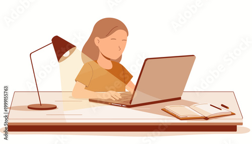 Focused woman working remotely on laptop at home office desk, symbolizing productivity, digital learning, and efficient modern work-life integration in a clean illustration