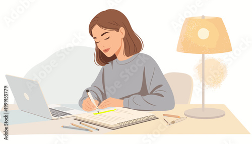 Focused Young Woman Studying or Working Remotely at Home, Highlighting Notes with Laptop and Warm Desk Lamp for Productive Education and Skill Development