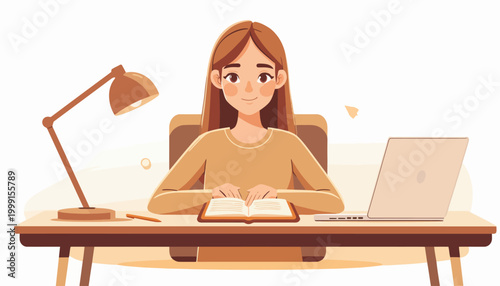 Young woman focused on learning and knowledge acquisition, diligently reading a book at her desk with a laptop nearby, embodying dedication to personal growth and education