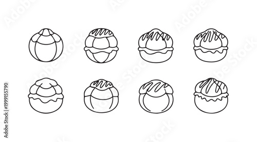Eight variations of a simple cream puff outline drawing in a row on a white background
