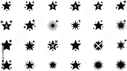 Black Star Sparkle Icon Mega Set with Five Six Pointed Numbered Burst Starburst and Rating Symbol Styles Vector Collection