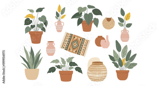 Set of decorative indoor potted plants, woven baskets, and a patterned rug