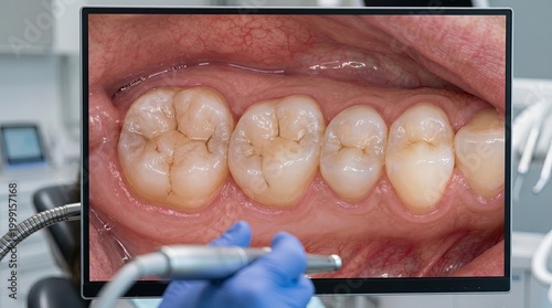 Close-up of intraoral camera displaying detailed teeth image on monitor in clinic