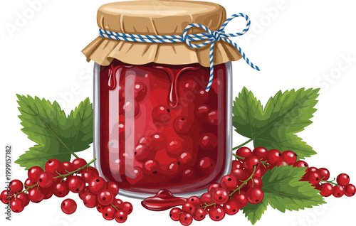 Jar of red currant jam with fresh berries and leaves homemade organic fruit preserve vector illustration