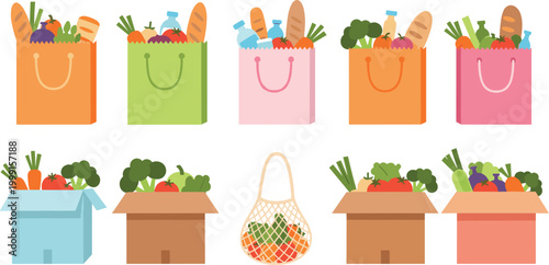 Grocery shopping bags and boxes with fresh vegetables fruits and bread healthy food market concept vector illustration set