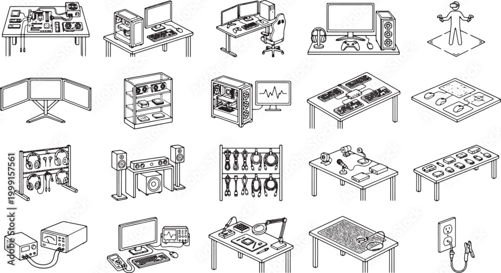 Fototapeta premium A collection of detailed black and white illustration of computer equipment and workstation components, providing a comprehensive view of various technological setups.