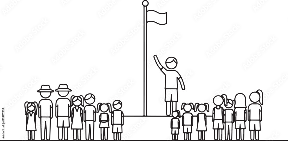 Obraz premium line art illustration of person raising a flag with diverse group standing around