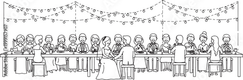 group of people sitting at long tables in festive dining hall illustration