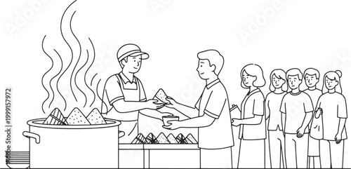 illustrated street food vendor serving customers in a casual outdoor setting