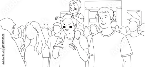 family enjoying event with child on shoulders in cheerful crowd