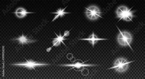 Abstract glowing lens flare and light burst effects set isolated on transparent background