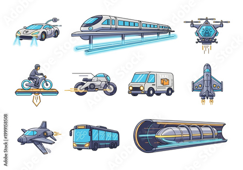 Vector graphic compilation of futuristic and modern transportation vehicles for public transportation concepts
