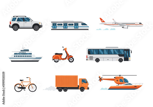 Vector illustration of various modes of public transportation and vehicles, perfect for travel and transport themes