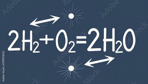 Chemical equation of water synthesis for hydrogen fuel cell technology and green energy concept