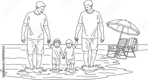 family walking together on beach with beach chairs and umbrella