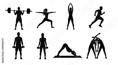 Set of black silhouettes showing people exercising, lifting weights, and doing yoga