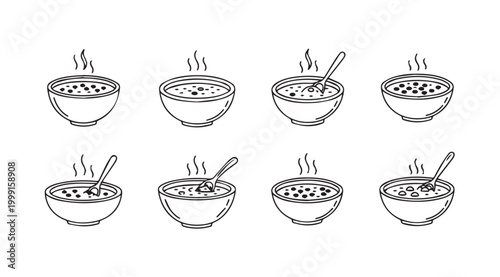 Hot Bean Soup Bowls with Spoons in a Simple Line Art Style