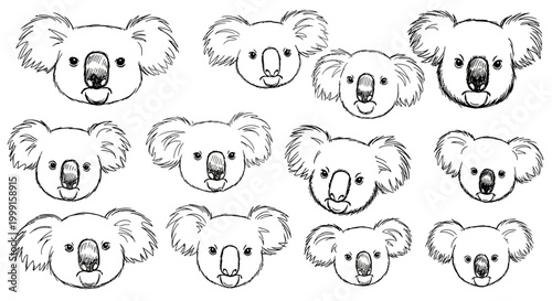 Hand drawn koala bear head illustrations, cute australian animal face sketches, black and white line art vector set for coloring and stickers
