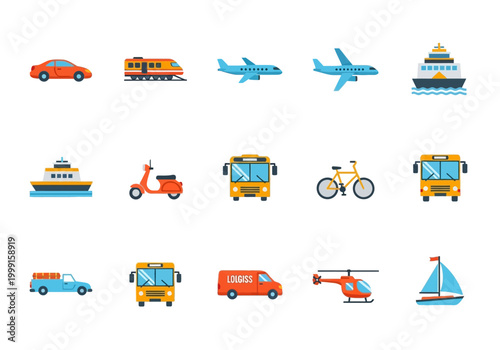 Set of vector icons representing various modes of public transportation, travel, and vehicles for a clean design