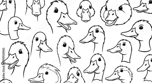 Hand-drawn duck head pattern, cute cartoon duckling characters in black and white line art, seamless waterfowl bird wallpaper vector