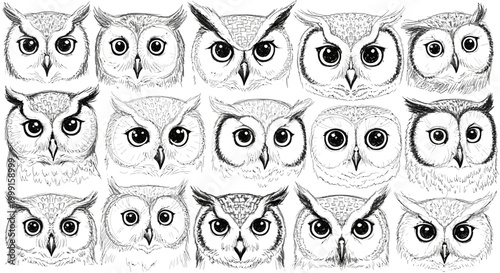Hand drawn owl head collection, set of 15 vintage sketch owl faces, black and white bird of prey illustrations, wild animal vector graphics