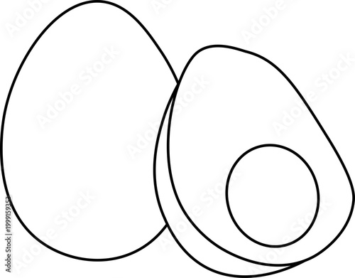 Whole egg and cut in half with yolk and albumen, Egg Black and white composition hand drawn illustration. Vector graphic line art. side view of morning snack mascot, cartoon healthy nutrition