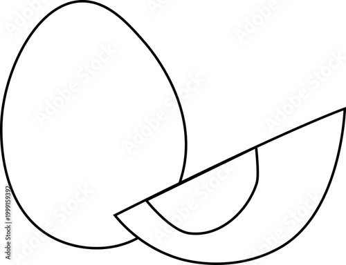 Hard boiled eggs, Black and white composition hand drawn illustration. Vector graphic line art. Whole egg and cut in half with yolk and albumen, morning snack mascot, cartoon healthy nutrition