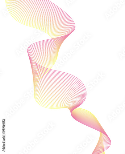 A vibrant abstract design featuring wavy lines in a gradient of pink and yellow hues on a white background