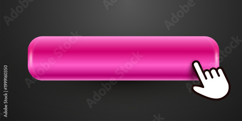 Pink glossy web button with a cursor hand pointer for user interface design. Vector illustration