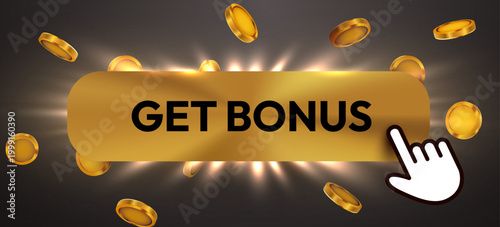 Golden button with Get Bonus text and falling coins for web UI and marketing banner design. Vector illustration