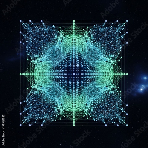 Abstract Cyan and Green Geometric Network in Dark Starry Space