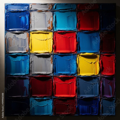 Colorful Square Pattern Oil Painting with Texture on Canvas