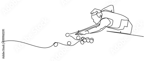 One continuous single line drawing of The athlete plays snooker. isolated on white background minimalism design. Editable stroke.