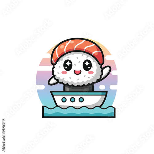 Cartoon sushi character on boat.