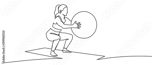 One continuous single line drawing of The woman is exercising using a yoga ball as equipment. isolated on white background minimalism design. Editable stroke.