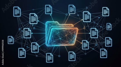 Futuristic network shows digital folder with connected files and data transfer