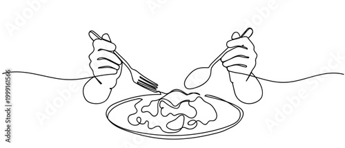 One continuous single line drawing of Both hands are holding a spoon and fork, scooping food from the plate. isolated on white background minimalism design. Editable stroke.