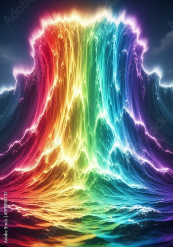 Glowing Rainbow Waterfall Cascading into Dark Blue Water Scape