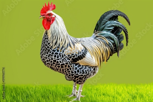 A silver-laced wyandotte rooster standing on green grass with a plain green background