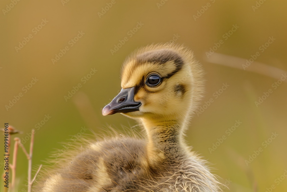 Fototapeta premium Close-up of a fluffy yellow gosling or duckling with soft background, warm tones