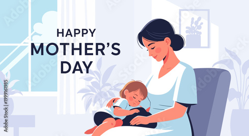 Happy Mother's Day: Mother Holding Sleeping Baby in Cozy Home Interior