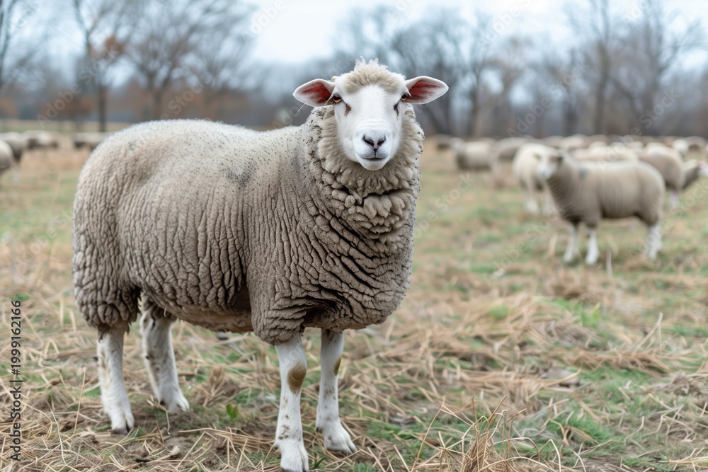 Fototapeta premium Sheep standing in a grassy field with other sheep in soft-focus background, overcast sky, winter pasture scene