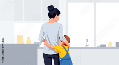 Mother hugging child in kitchen, family moment, comfort and love illustration
