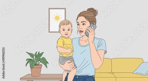 Mother with Baby on Phone Call at Home, Juggling Responsibilities