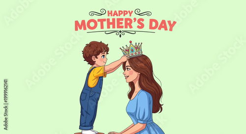 Son crowns mother with crown, Happy Mother's Day celebration, love and family bond