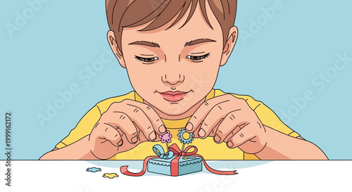 Young boy decorating a gift box with colorful confetti and stickers