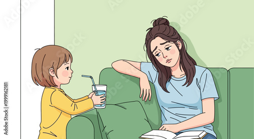 Tired mother with child offering water, concept of parental burnout and exhaustion