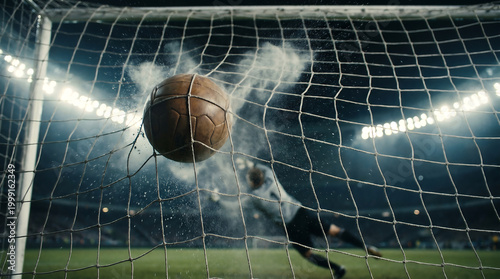 Soccer ball hitting net in stadium, goalkeeper diving to save goal, motion blur, dramatic lighting